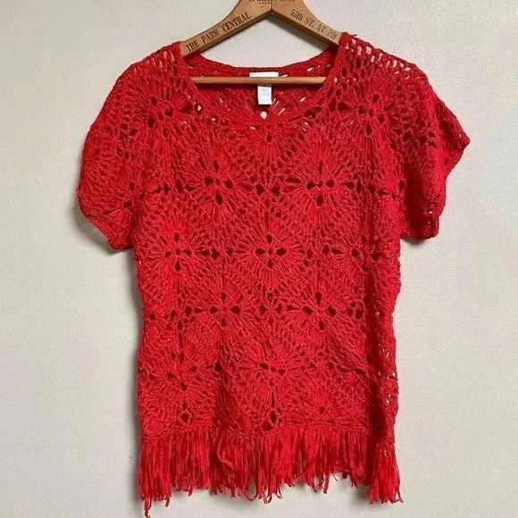 Chico’s Red Crochet Fringe Top Boho Festival Vacation Knit Blouse Size 0 Small - Picture 11 of 11